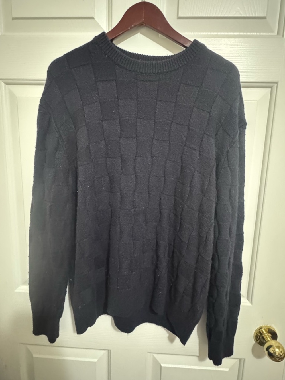 H&M Men's Navy Check-Texture Crewneck Sweater